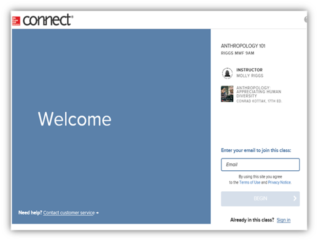 Connect login screen where you are prompted to enter your email address to join the class.